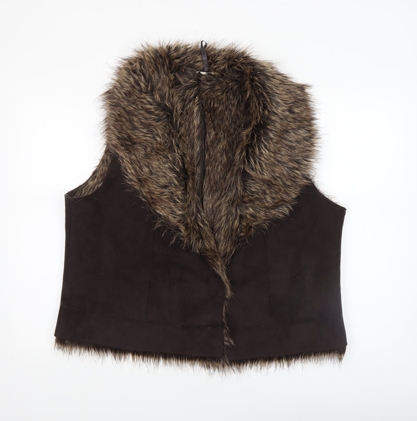 Marks & Spencer Indigo Brown Faux Fur Trim Waistcoat Women's L Suede Look