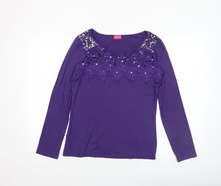 Together Women's Purple Lace Beaded Long Sleeve Jersey Top Size 12