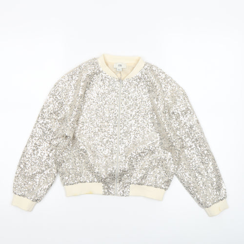 River Island Girls Silver Sequin Bomber Jacket 7-8 Years Party Outerwear