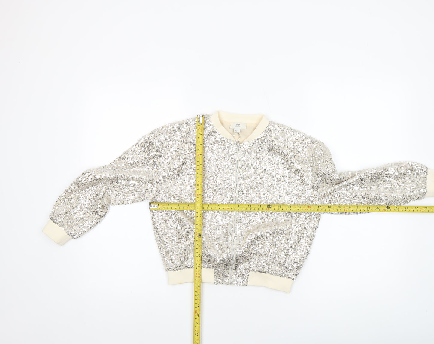 River Island Girls Silver Sequin Bomber Jacket 7-8 Years Party Outerwear