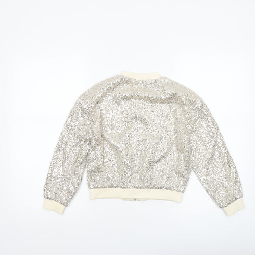River Island Girls Silver Sequin Bomber Jacket 7-8 Years Party Outerwear