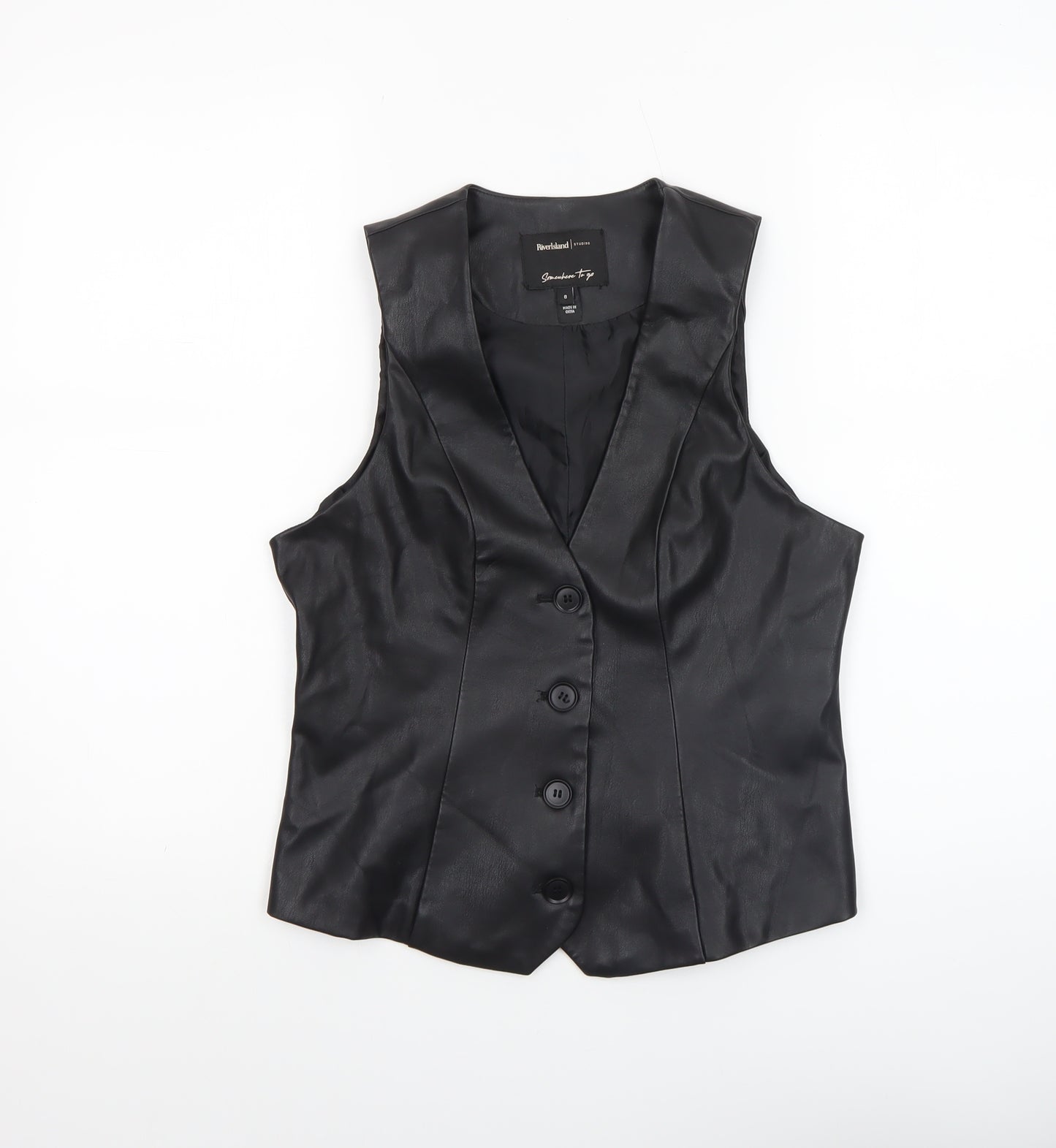 River Island Womens Black Faux Leather Button Blouse Size 8