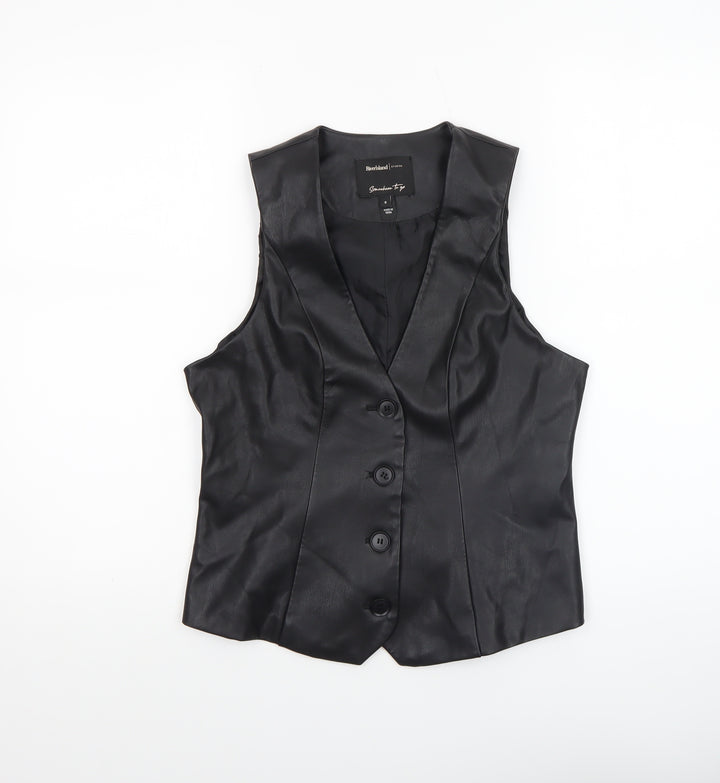 River Island Womens Black Faux Leather Button Blouse Size 8