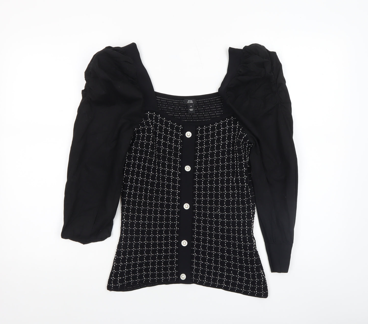 River Island Women Black Geometric Knit Puff Sleeve Cropped Blouse Size 10