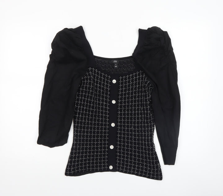 River Island Women Black Geometric Knit Puff Sleeve Cropped Blouse Size 10