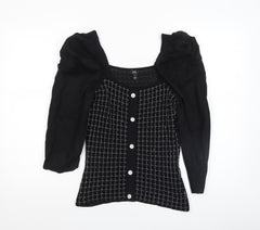 River Island Women Black Geometric Knit Puff Sleeve Cropped Blouse Size 10