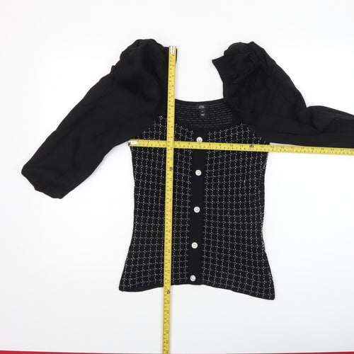 River Island Women Black Geometric Knit Puff Sleeve Cropped Blouse Size 10