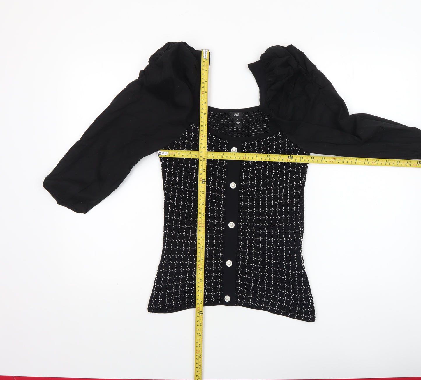 River Island Women Black Geometric Knit Puff Sleeve Cropped Blouse Size 10