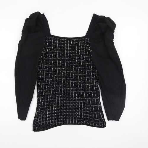 River Island Women Black Geometric Knit Puff Sleeve Cropped Blouse Size 10