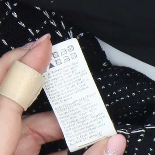 River Island Women Black Geometric Knit Puff Sleeve Cropped Blouse Size 10