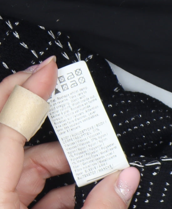 River Island Women Black Geometric Knit Puff Sleeve Cropped Blouse Size 10