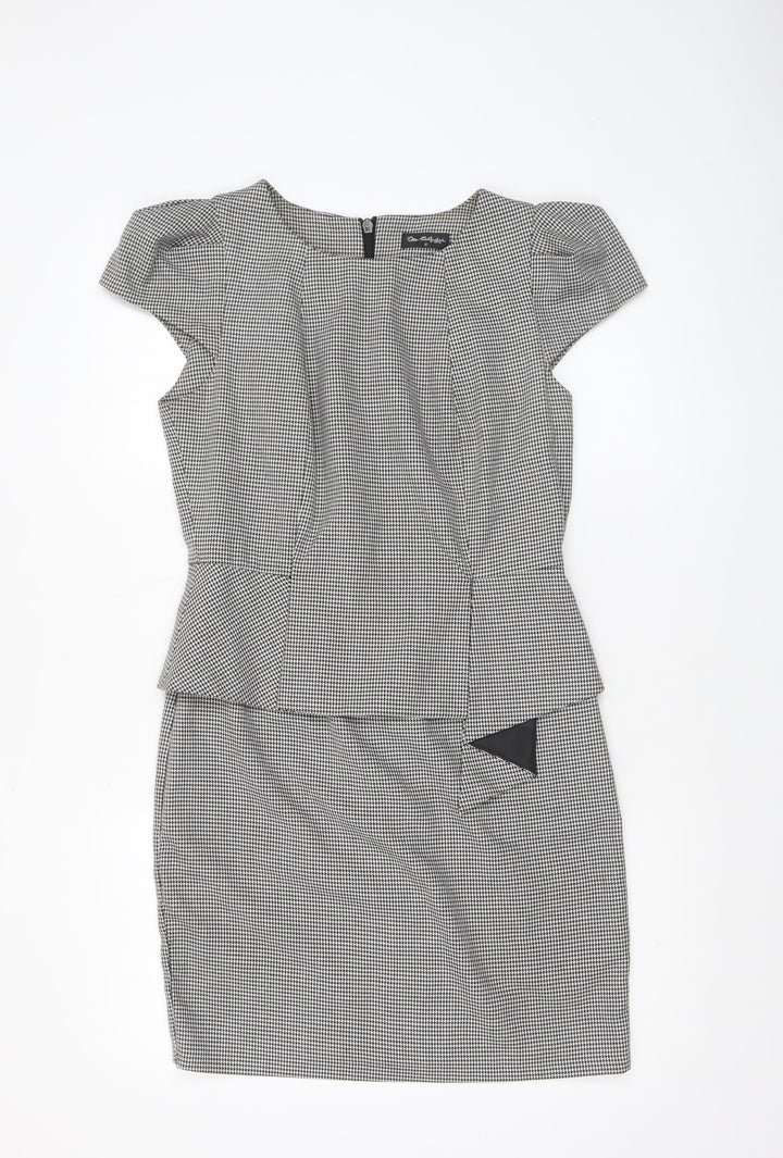 Miss Selfridge Women Black Houndstooth Peplum Dress UK12