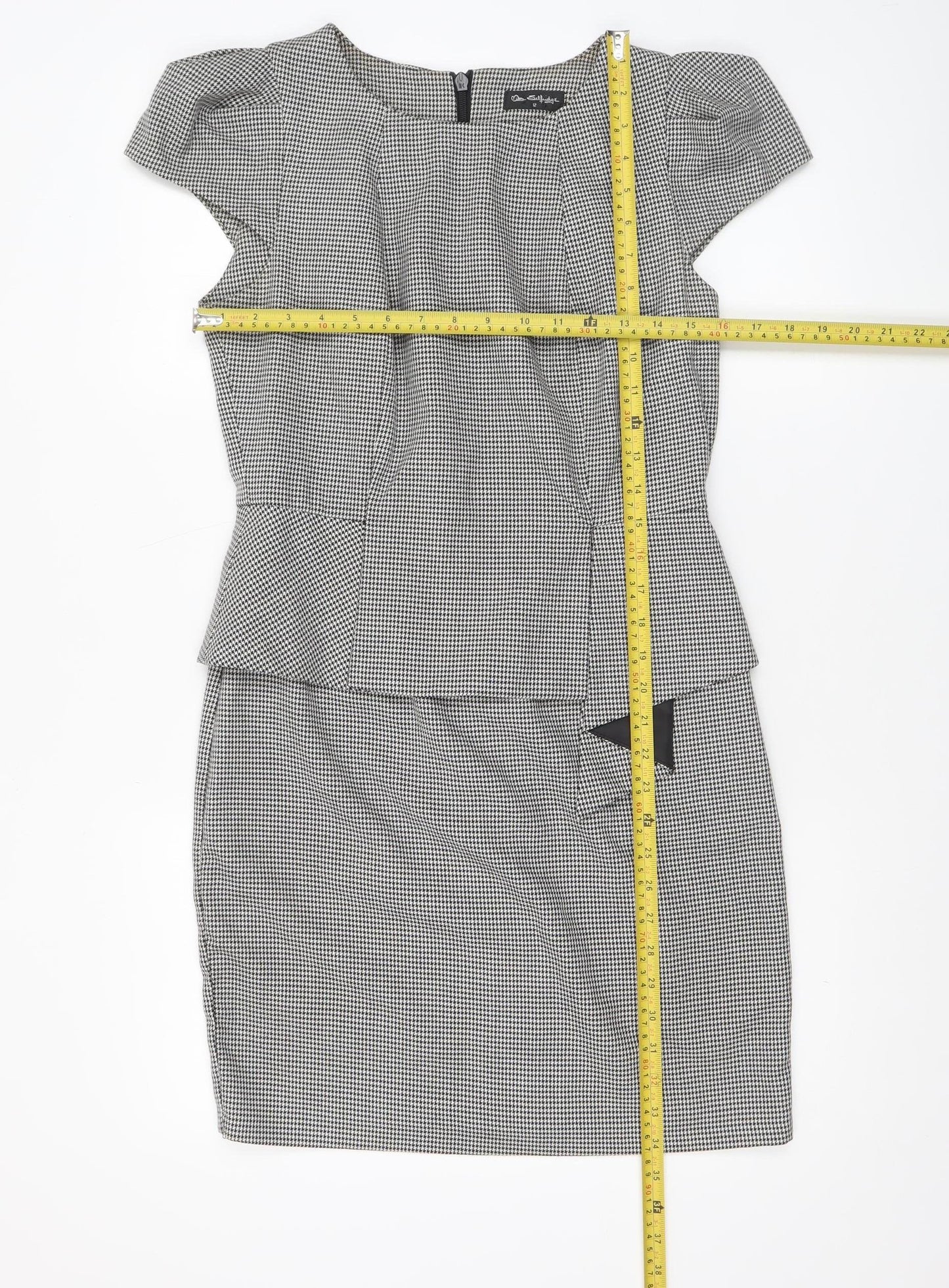 Miss Selfridge Women Black Houndstooth Peplum Dress UK12