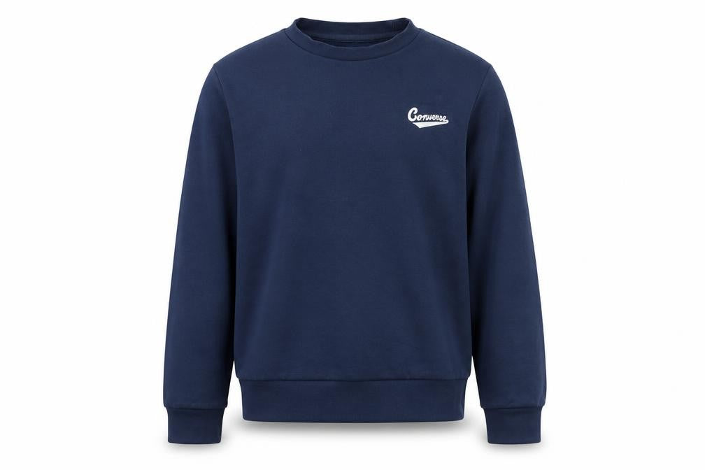 Front view of Converse boys’ blue crew neck pullover fleece sweatshirt, size M