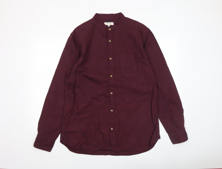 River Island Men’s Red Cotton Band Collar Long Sleeve Shirt Size L