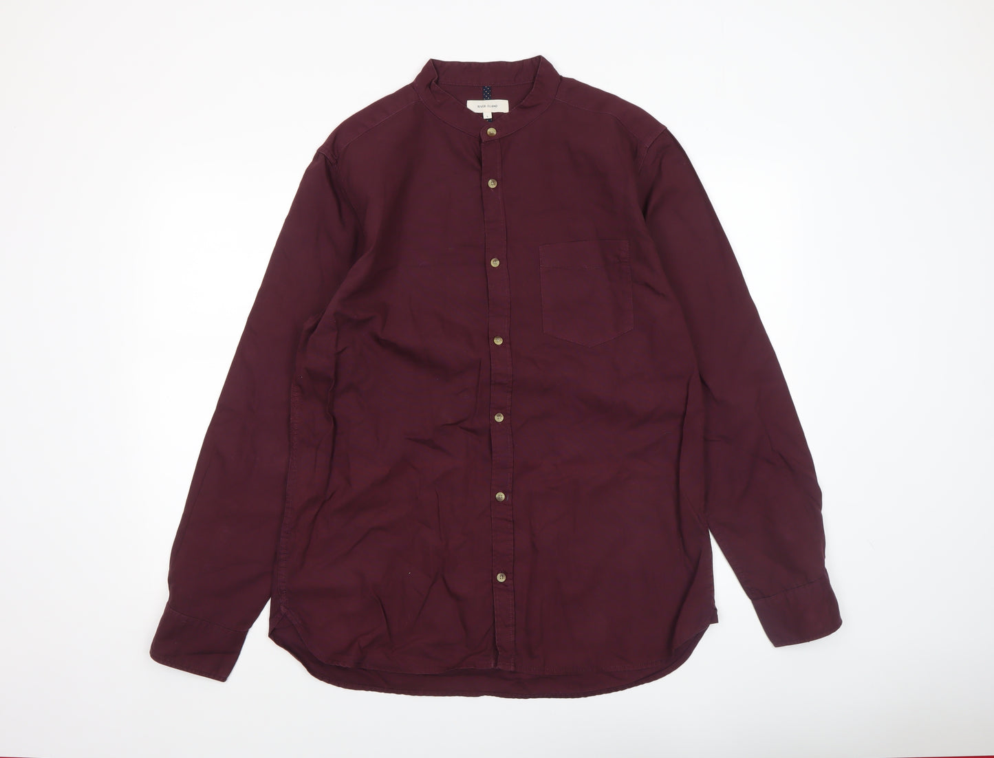 River Island Men’s Red Cotton Band Collar Long Sleeve Shirt Size L