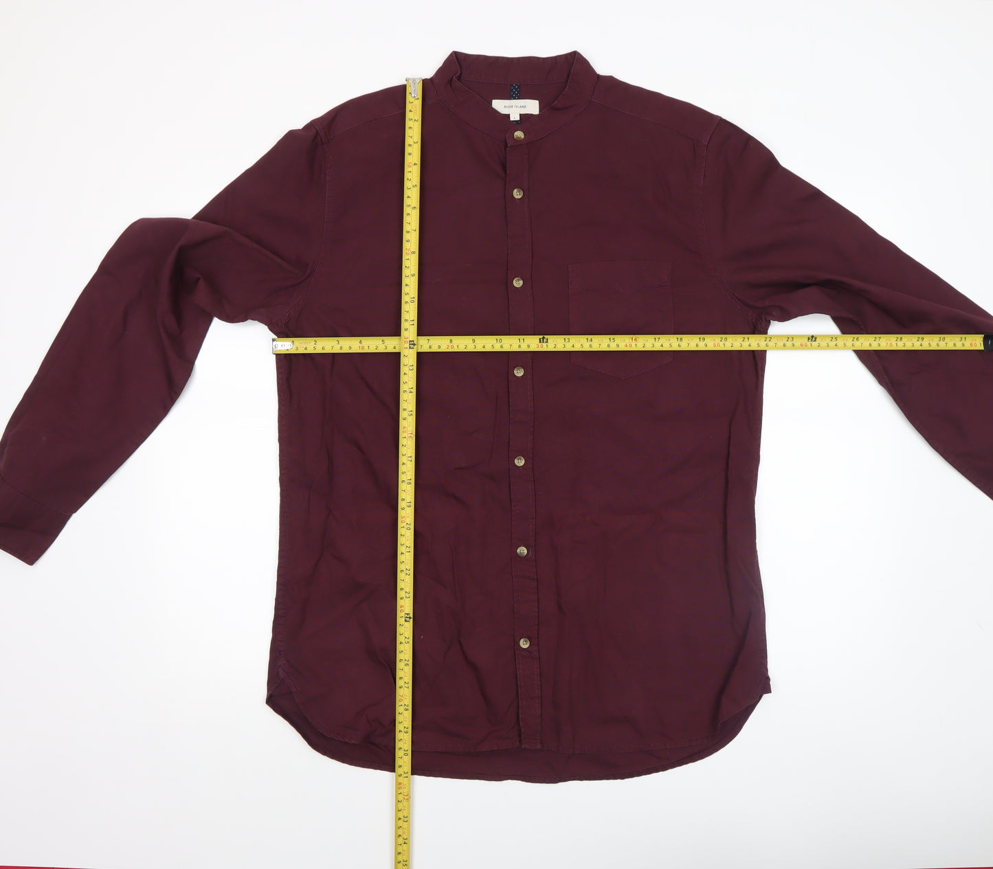 River Island Men’s Red Cotton Band Collar Long Sleeve Shirt Size L