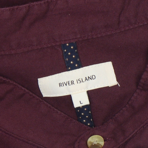 River Island Men’s Red Cotton Band Collar Long Sleeve Shirt Size L