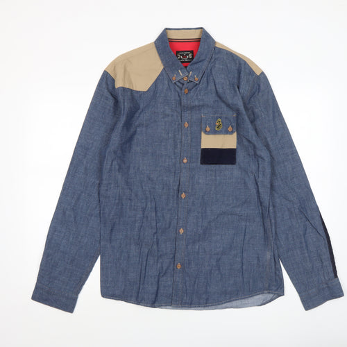 Luke Men's Blue Beige Colourblock Button-Up Shirt Medium Cotton Long Sleeve