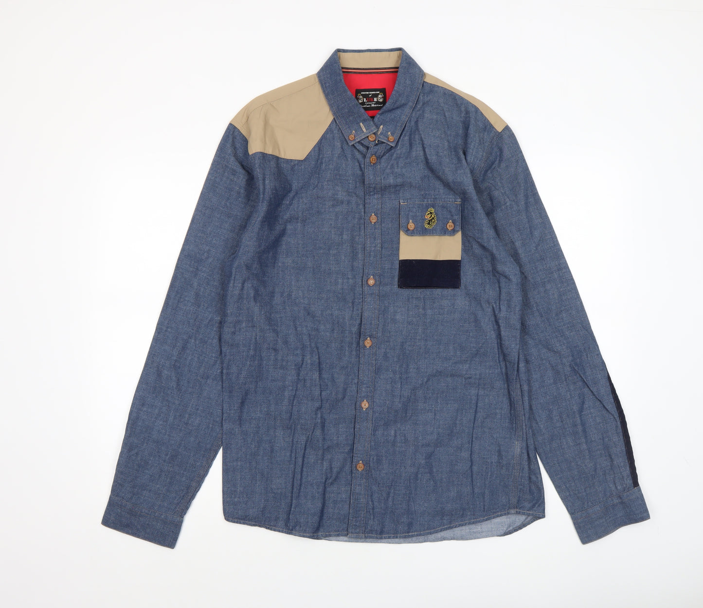 Luke Men's Blue Beige Colourblock Button-Up Shirt Medium Cotton Long Sleeve