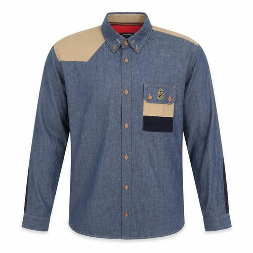 Luke Men's Blue Beige Colourblock Button-Up Shirt Medium Cotton Long Sleeve