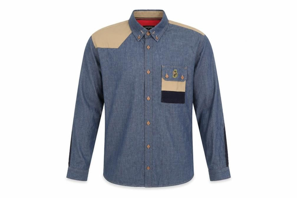 Luke Men's Blue Beige Colourblock Button-Up Shirt Medium Cotton Long Sleeve