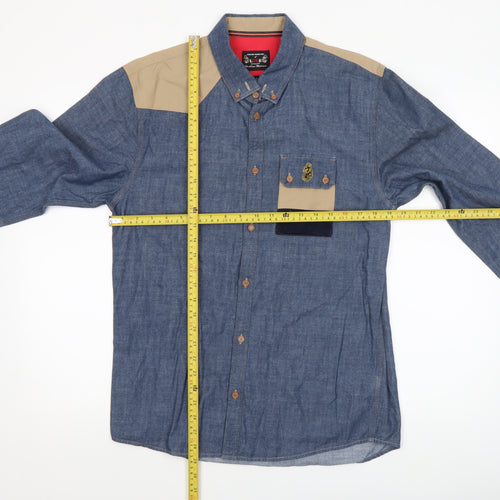 Luke Men's Blue Beige Colourblock Button-Up Shirt Medium Cotton Long Sleeve