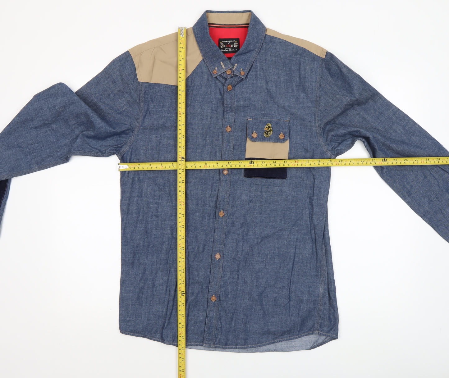 Luke Men's Blue Beige Colourblock Button-Up Shirt Medium Cotton Long Sleeve