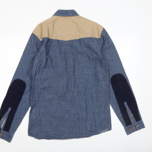 Luke Men's Blue Beige Colourblock Button-Up Shirt Medium Cotton Long Sleeve