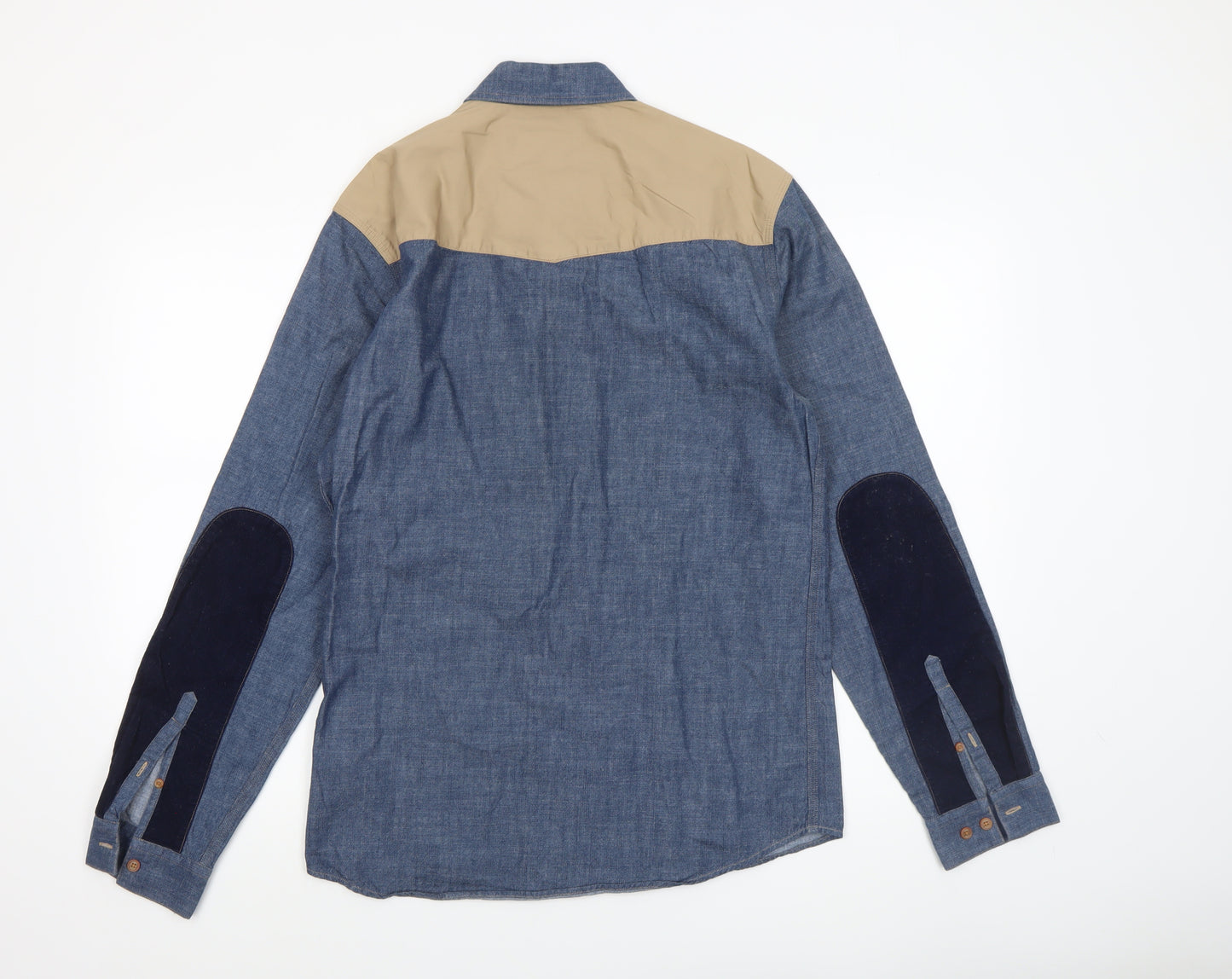 Luke Men's Blue Beige Colourblock Button-Up Shirt Medium Cotton Long Sleeve