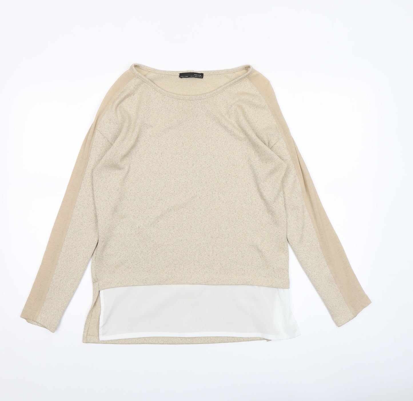 Zara Women Beige Knit Tunic Blouse Size S Long Sleeve Lightweight
