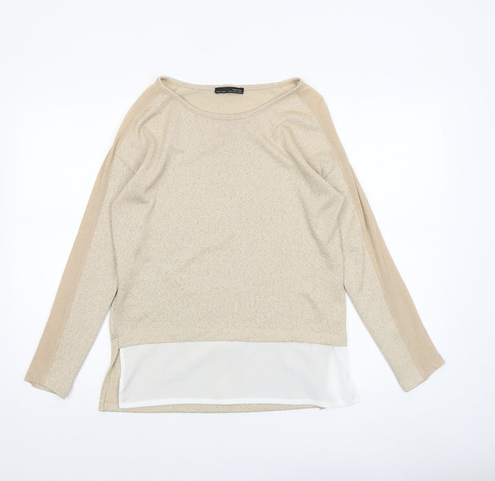 Zara Women Beige Knit Tunic Blouse Size S Long Sleeve Lightweight