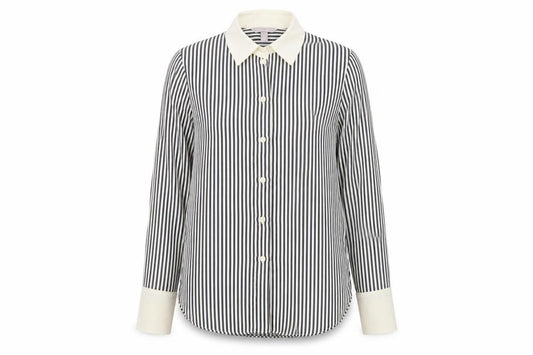Front view of H&M Women's Multicoloured Striped Button-Up Blouse, size XS