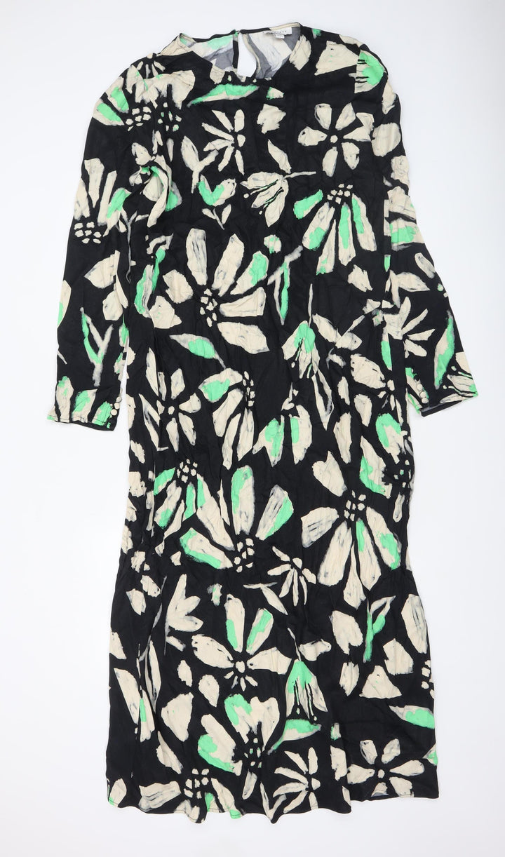 Topshop Women’s Black Floral Midi Shift Dress Size 16 3/4 Sleeve