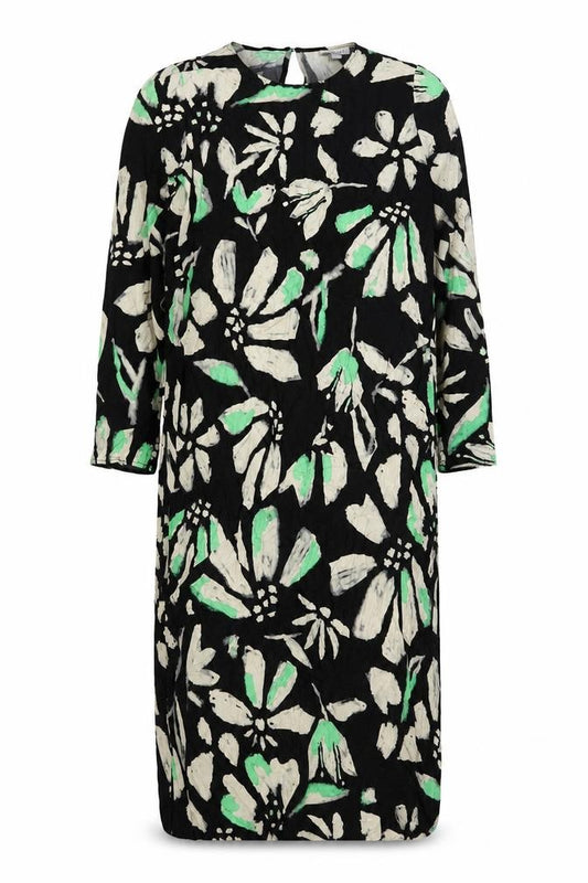 Front view of Topshop Women’s Black Floral Midi Shift Dress, size UK 16, 3/4 Sleeve