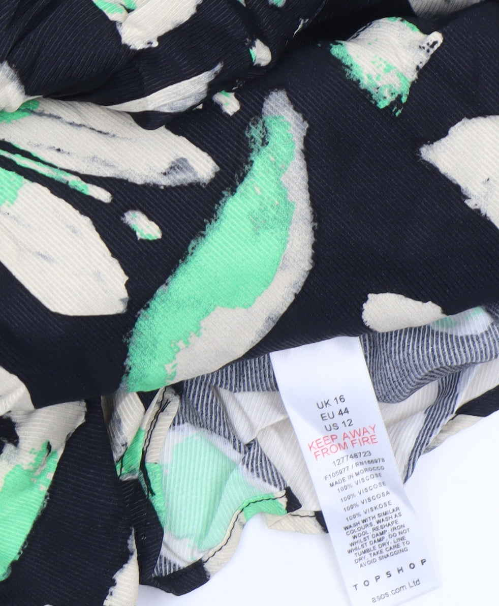 Topshop Women’s Black Floral Midi Shift Dress Size 16 3/4 Sleeve