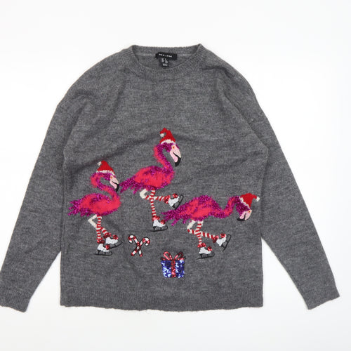 New Look Women’s Grey Christmas Flamingo Sequin Knit Jumper Size S