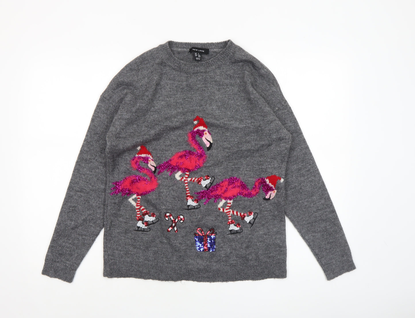 New Look Women’s Grey Christmas Flamingo Sequin Knit Jumper Size S