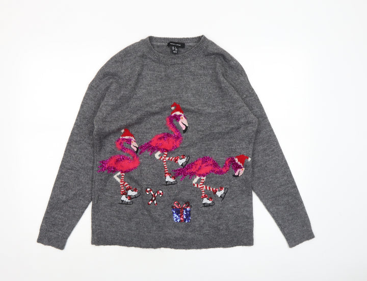 New Look Women’s Grey Christmas Flamingo Sequin Knit Jumper Size S