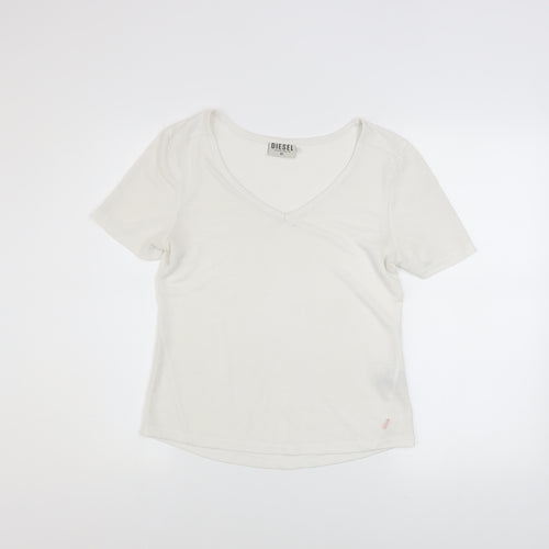 Diesel Womens Ivory V-Neck Short Sleeve Basic T-Shirt XS