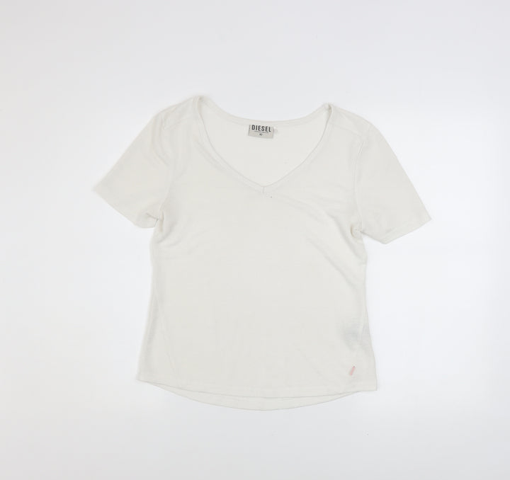 Diesel Womens Ivory V-Neck Short Sleeve Basic T-Shirt XS