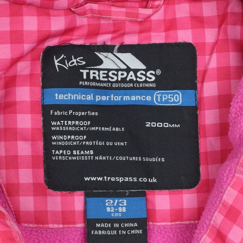 Trespass Girls Pink Check Hooded Waterproof Puffer Jacket 2-3 Years