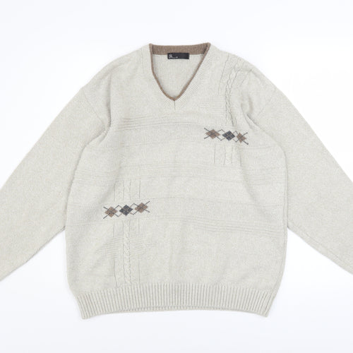 BHS Men's Beige Argyle V-Neck Cotton Acrylic Jumper Size S