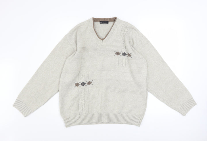 BHS Men's Beige Argyle V-Neck Cotton Acrylic Jumper Size S