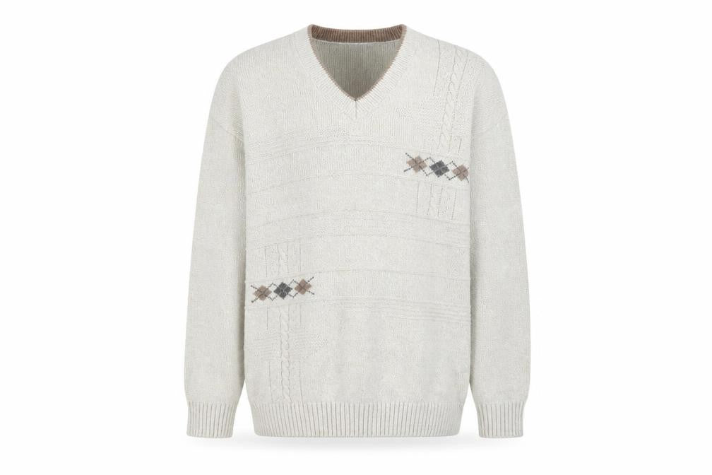 Front view of BHS Men's Beige Argyle V-Neck Cotton Acrylic Jumper, size S
