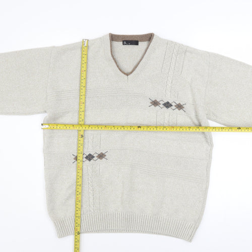 BHS Men's Beige Argyle V-Neck Cotton Acrylic Jumper Size S