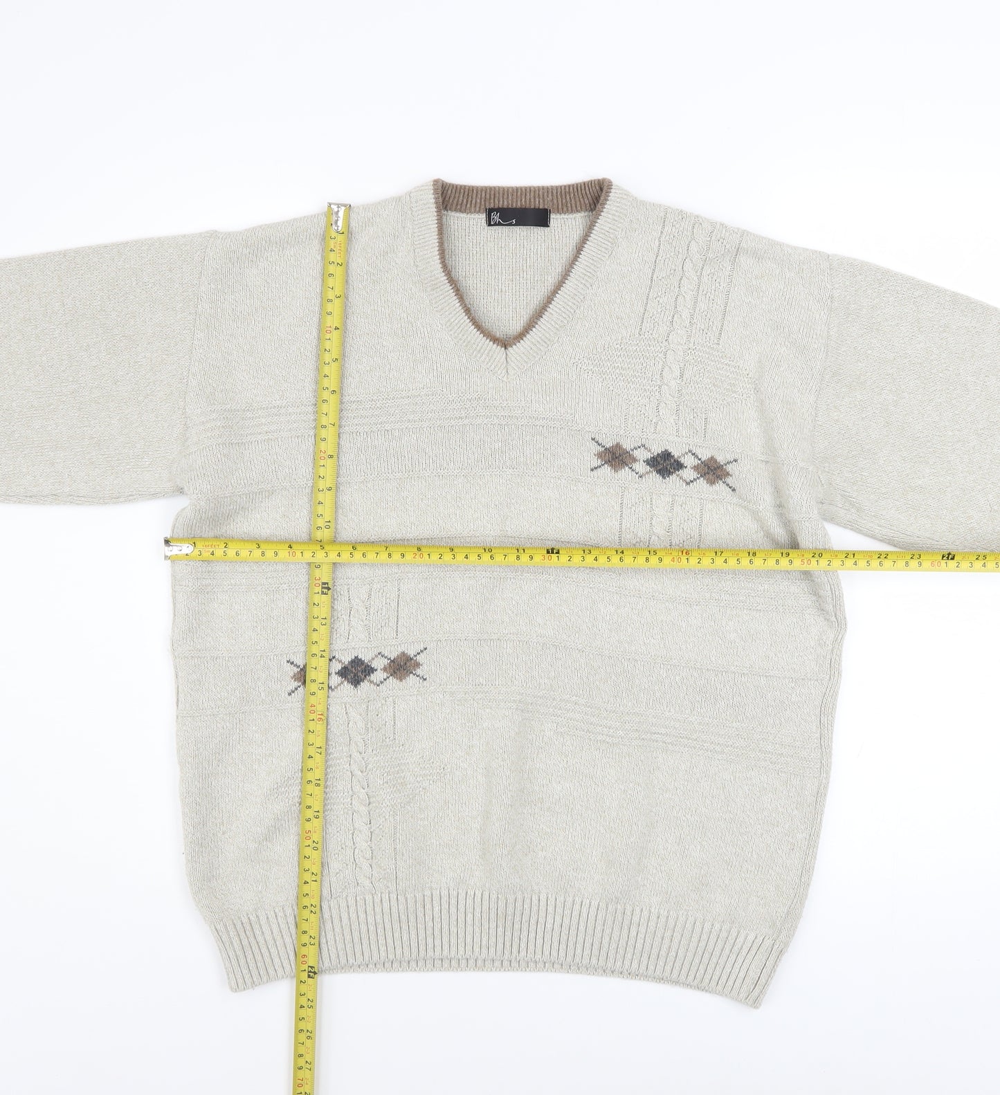 BHS Men's Beige Argyle V-Neck Cotton Acrylic Jumper Size S