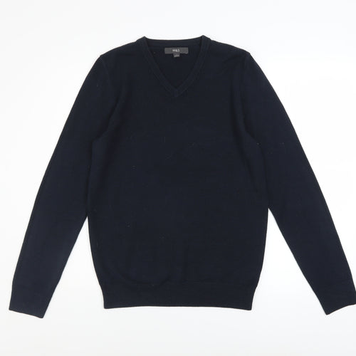 Marks and Spencer Men's Navy Blue V-Neck Acrylic Jumper Size S
