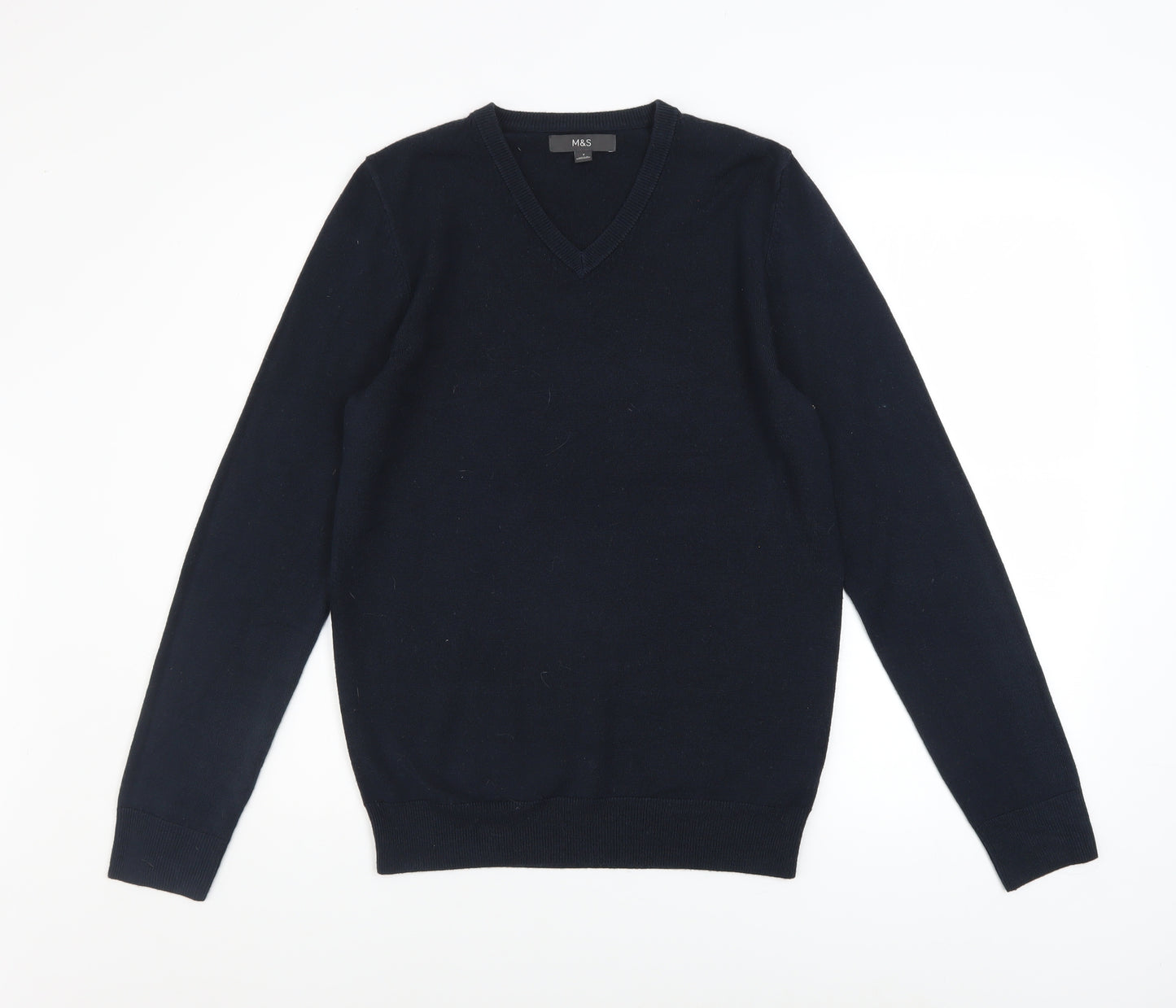 Marks and Spencer Men's Navy Blue V-Neck Acrylic Jumper Size S