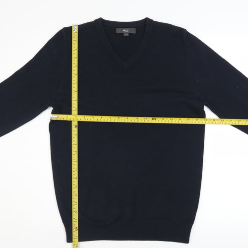 Marks and Spencer Men's Navy Blue V-Neck Acrylic Jumper Size S